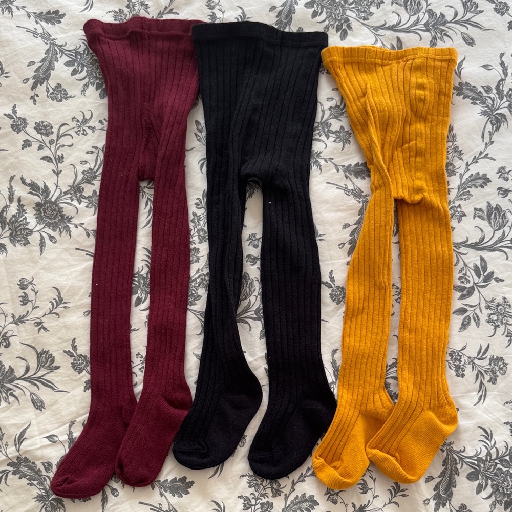 Babies Ribbed Tights Set - Burgundy, Black, and Mustard - 12-24m